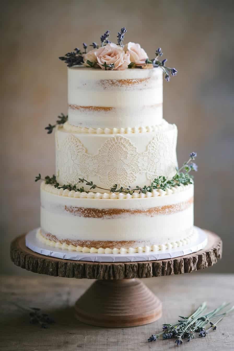 A three-tiered naked cake with white frosting, decorated with lace patterns, adorned with pink roses and lavender sprigs. The cake is placed on a rustic wooden stand.