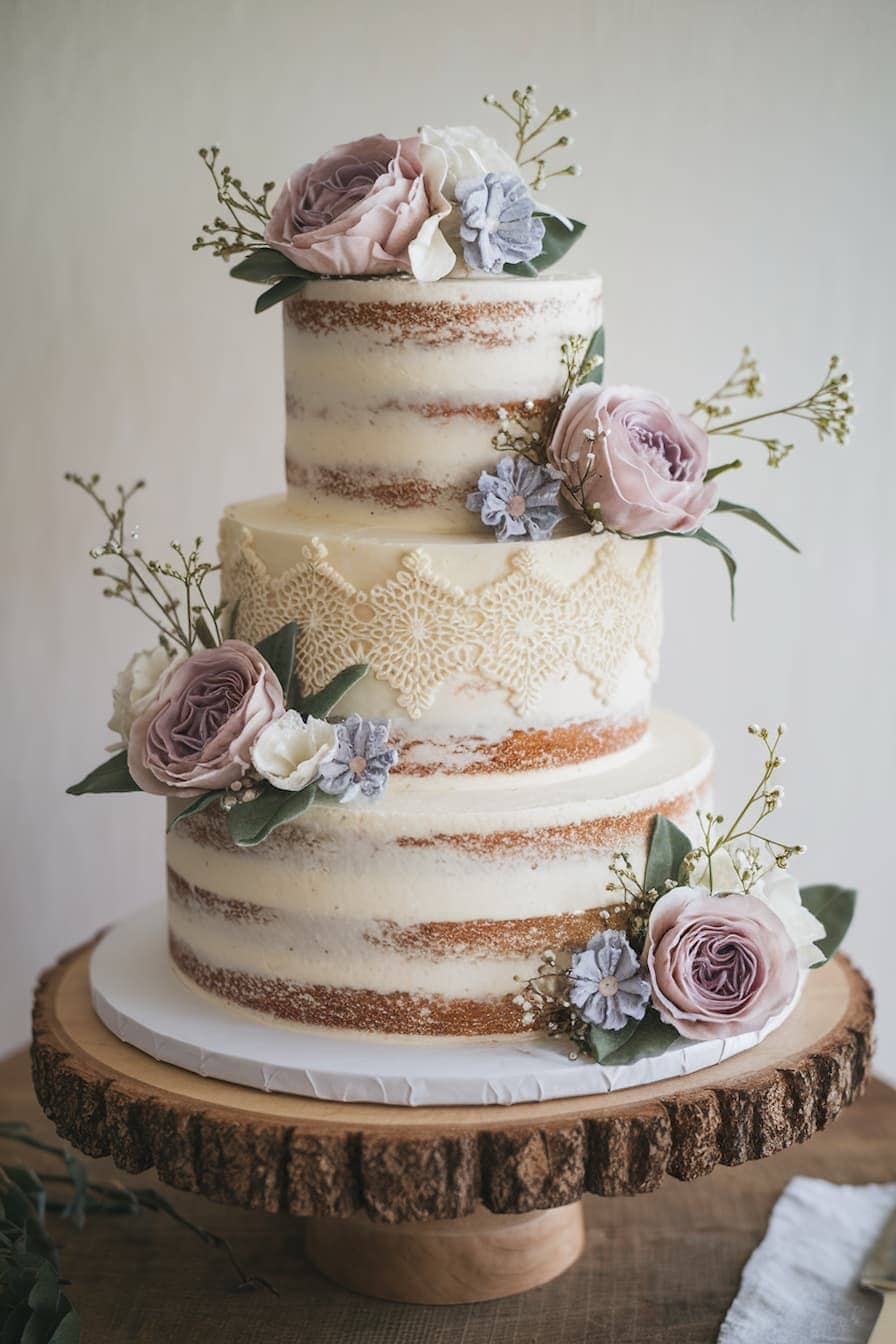 Three-tiered naked cake adorned with pink and purple roses, white flowers, and green leaves. The cake is displayed on a rustic wooden stand and features a lace-like frosting decoration on the middle tier.