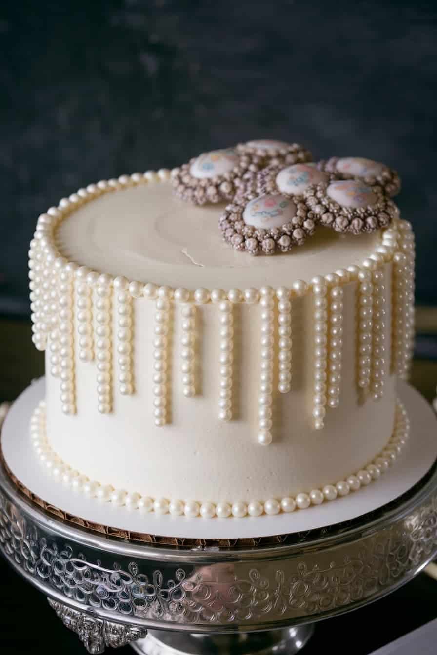 A beautifully decorated white cake with vertical pearl-like icing and ornate decorations on top resembling cameo brooches, set on an intricate silver cake stand against a dark background.