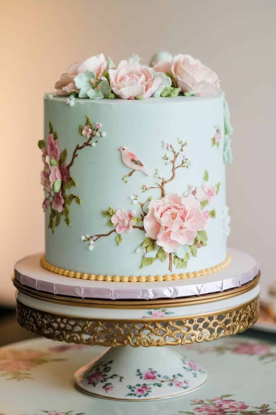 A pastel green cake adorned with intricate sugar flowers and a bird, set on a decorative gold and white stand. The floral design features pink and white blooms with delicate leaves and branches.