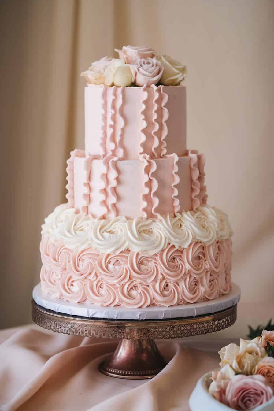 A three-tiered pink wedding cake on a decorative stand. The cake features intricate piping with ruffled designs and is adorned with white and pink roses on top. The table is draped with a matching pink cloth.