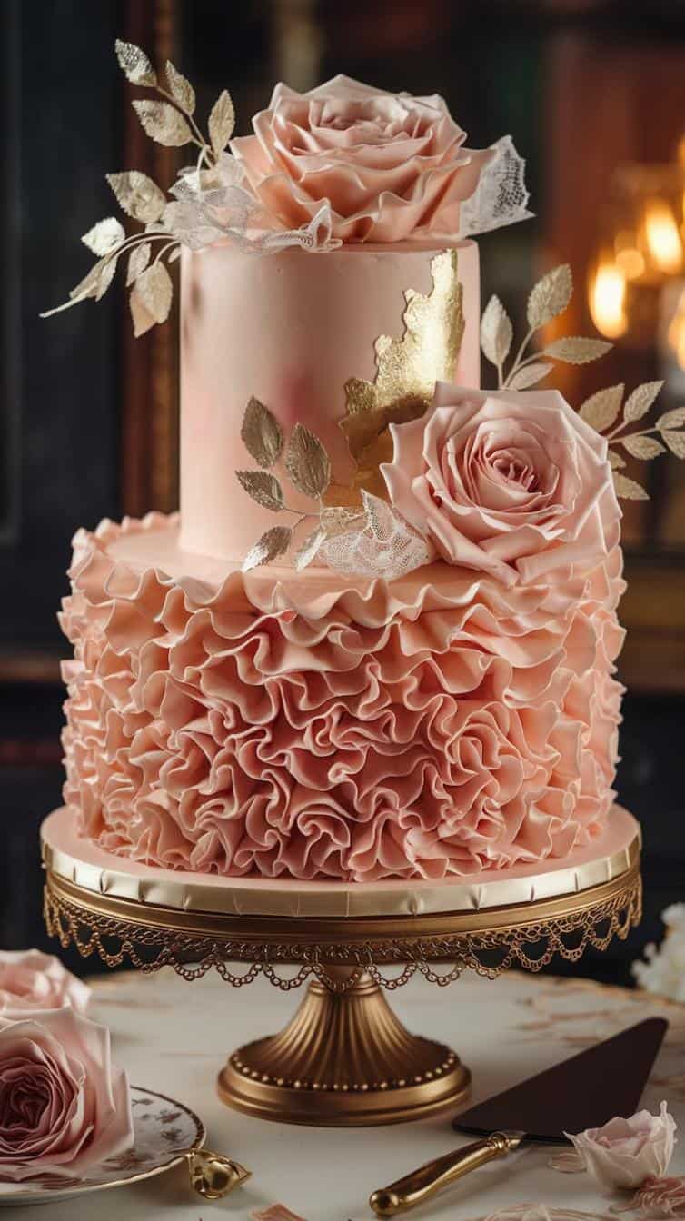 A two-tiered pink cake adorned with intricate ruffles and large, realistic rose decorations. The cake features gold leaf accents and delicate leaves, all arranged on an ornate gold stand.