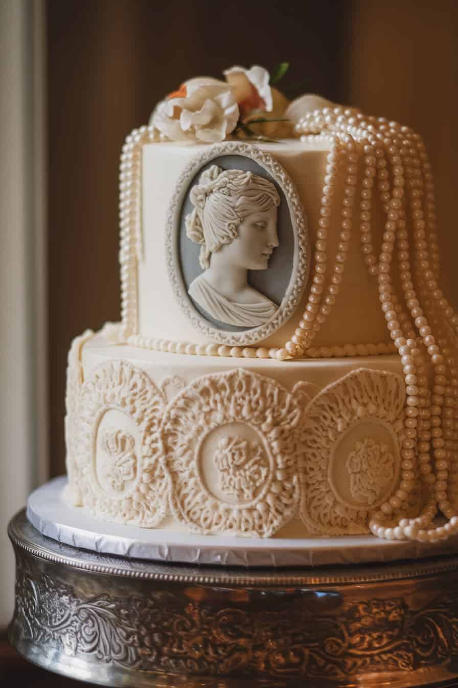 A two-tiered decorative cake with intricate lace patterns and a cameo of a woman's profile on the top tier. Pearls drape elegantly over the cake, and white flowers adorn the top. It rests on an ornate silver cake stand.