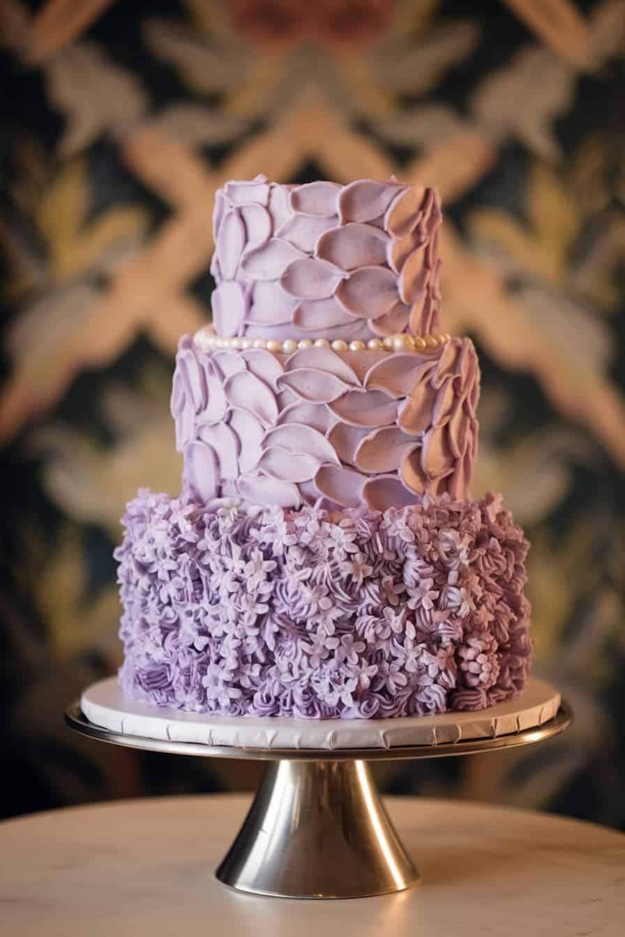 A three-tiered cake with the bottom layer decorated with purple flower-like icing, the middle tier with lilac petal designs, and the top layer adorned with gold pearls. It sits on a silver stand against a floral patterned backdrop.
