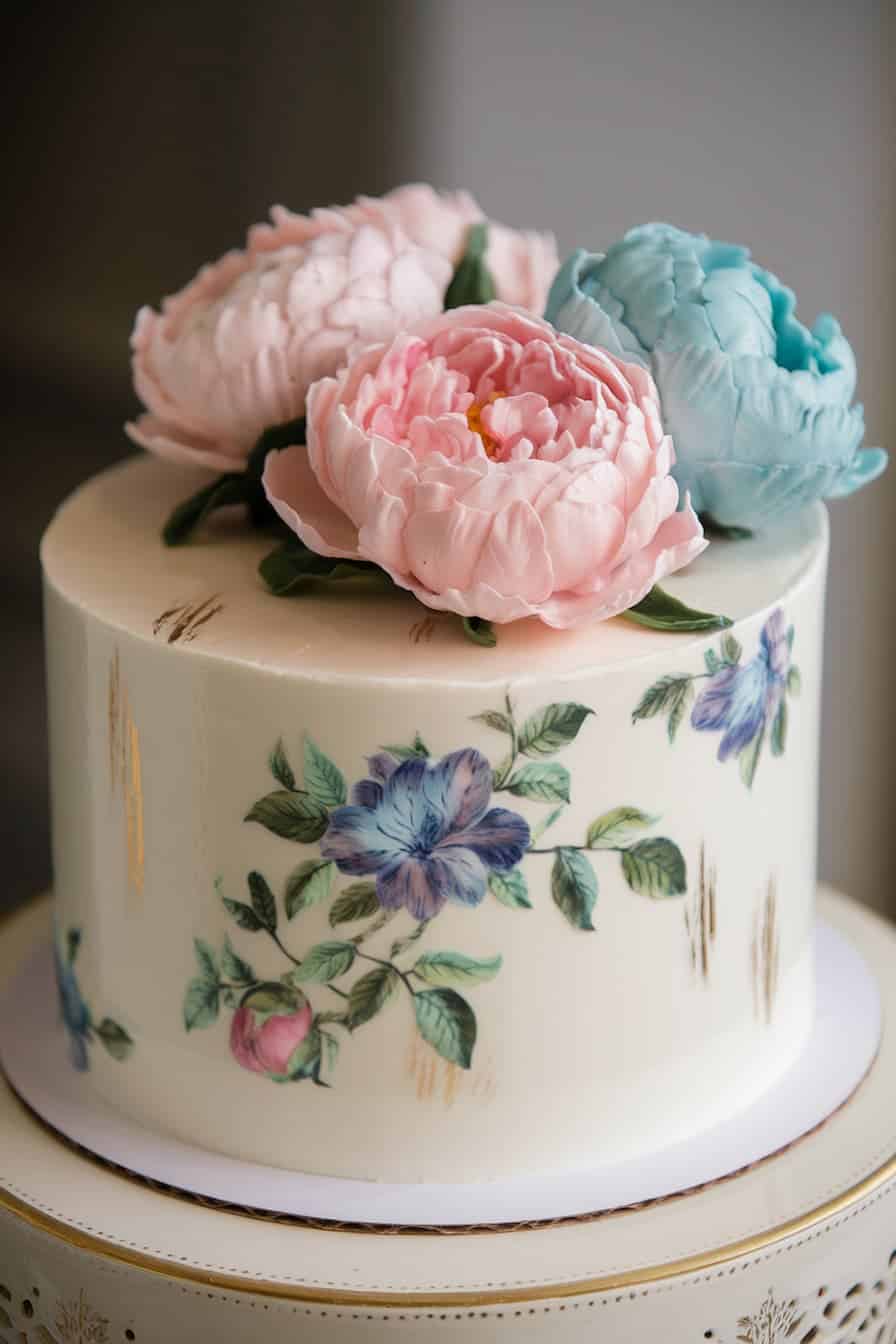 A beautifully decorated cake adorned with large, realistic pink and blue flowers on top. The cake's sides feature artistic floral designs with blue and pink blossoms and green leaves. The cake sits on a white and gold stand.