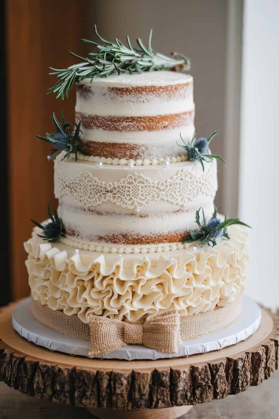 Three-tier naked cake with white icing, lace detail, and rosemary sprigs. Decorated with thistles and ruffled icing on the bottom tier. A burlap bow sits at the base. Cake is displayed on a round wooden stand.
