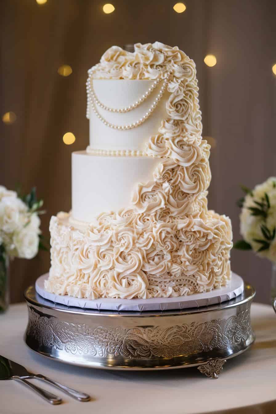 A three-tiered white wedding cake adorned with intricate pearl-like decorations and swirls of frosted rosettes sits on an ornate silver stand. The background features a soft glow of twinkling lights and blurred white flowers in vases.