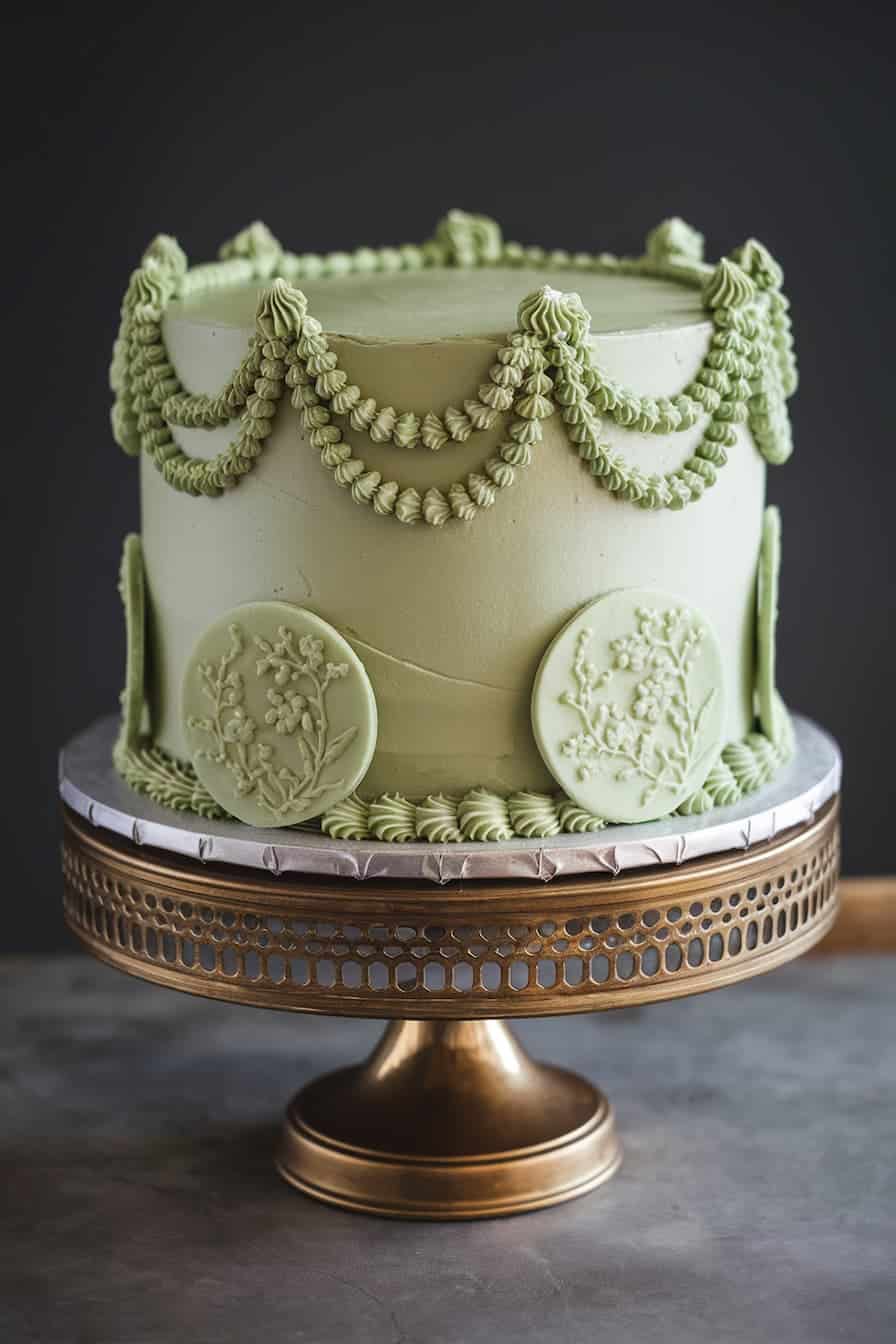 A green frosted cake with ornate piped swags and floral decorations sits on a decorative bronze cake stand. The cake has a smooth icing finish and intricate detailing. The background is dark, highlighting the cake's soft green color.