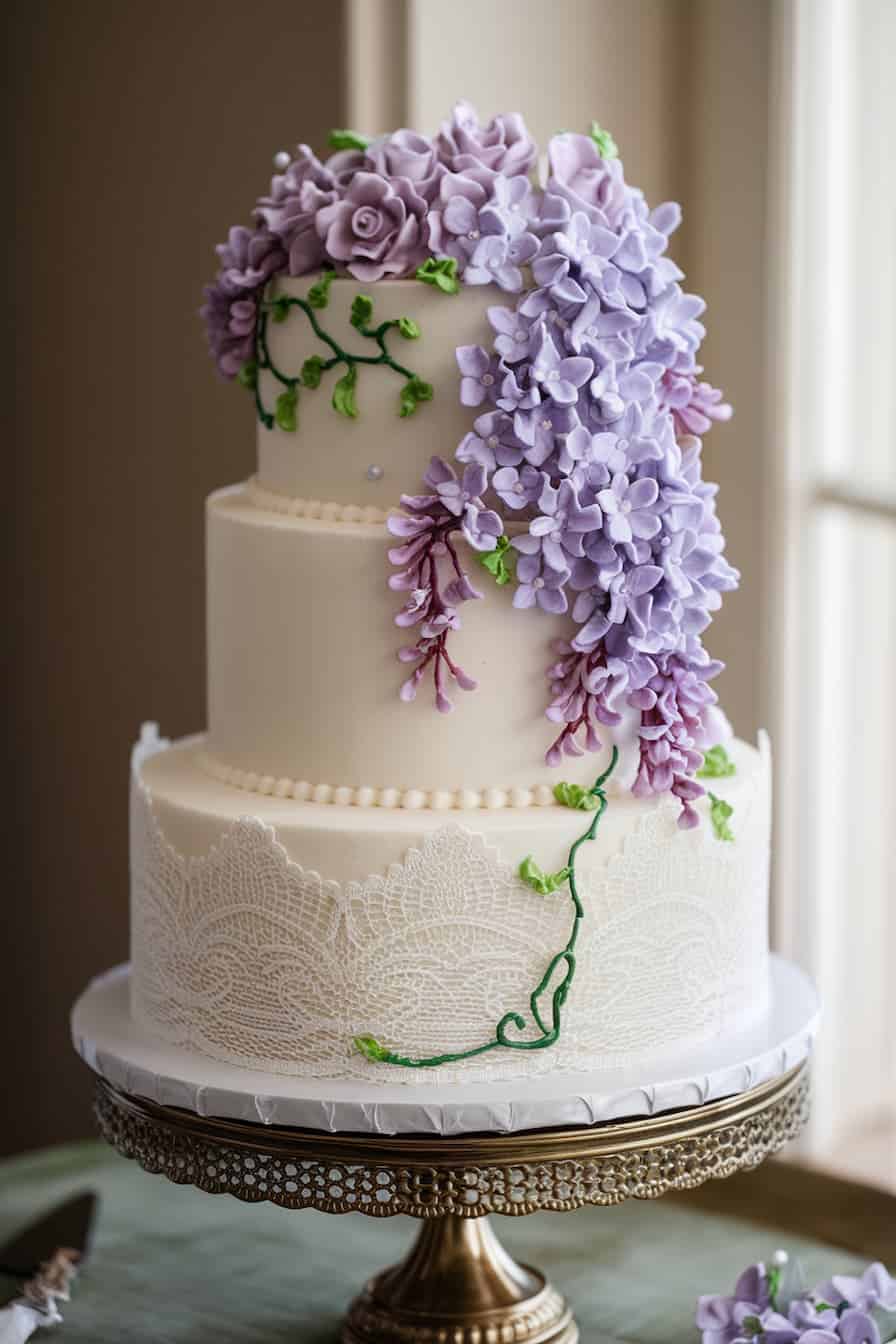 A three-tiered white cake adorned with intricate lace detailing and cascading purple flowers. The flowers drape elegantly down the side, adding a touch of natural beauty. The cake sits on an ornate stand by a softly lit window.