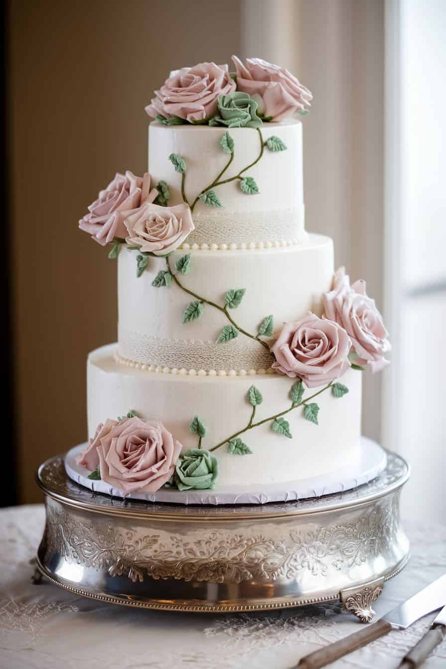 A three-tiered wedding cake with white icing, adorned with pink rose decorations and green leaves. It's displayed on an ornate silver cake stand, set on a lace-covered table near a window. A cake knife is placed beside it.