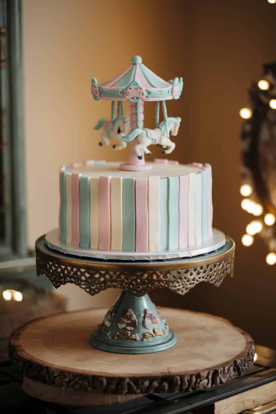 A decorative cake with pastel stripes in pink, blue, and white sits on a wooden base. Topped with a miniature carousel featuring horses, it rests on an ornate pedestal. Soft, warm lighting in the background creates a cozy ambiance.