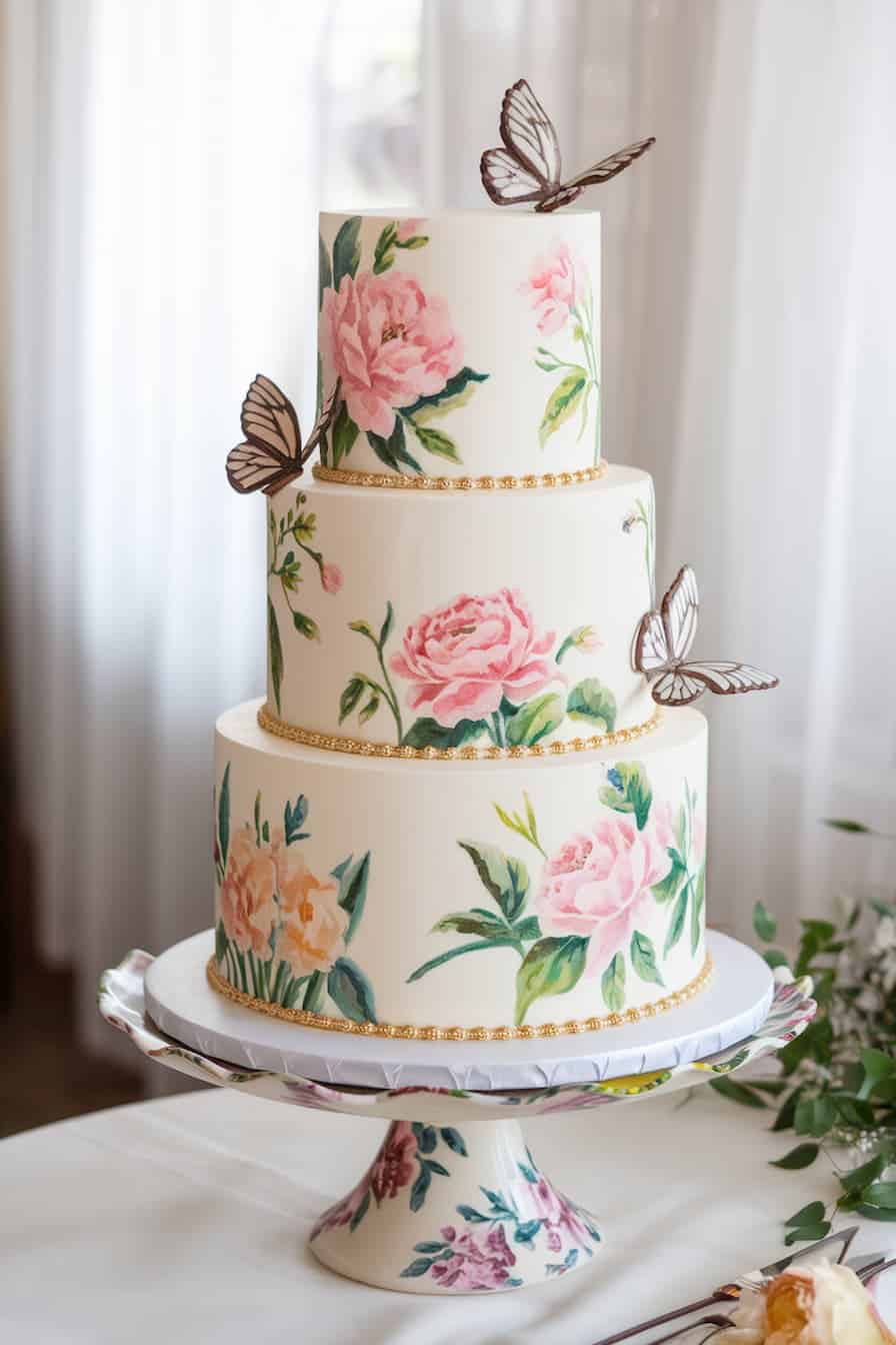 A three-tiered wedding cake adorned with hand-painted pink and peach flowers and delicate butterfly decorations. The cake sits on a floral-patterned stand, with soft curtains in the background.