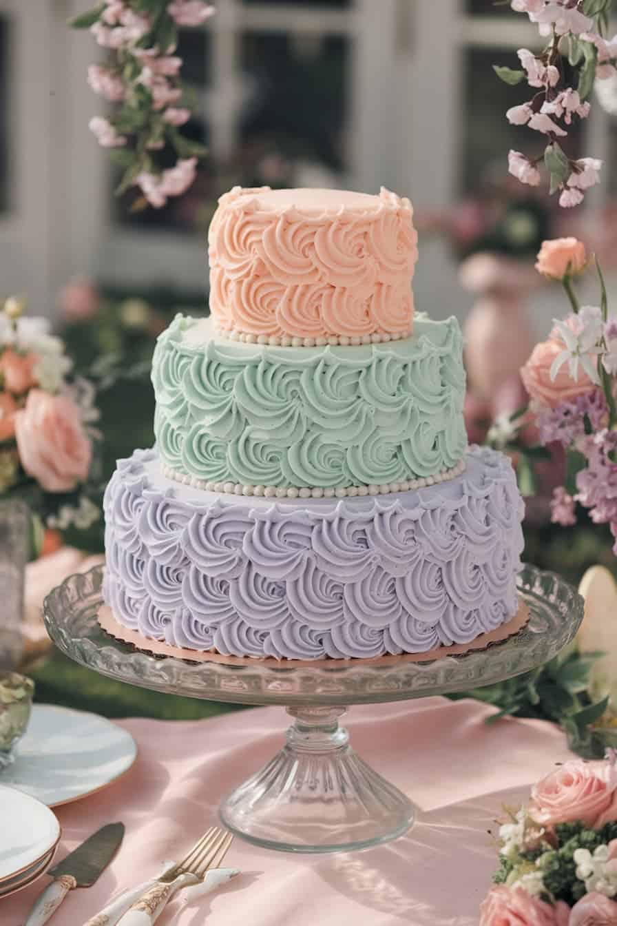 A three-tier cake with intricate swirled frosting is displayed outdoors on a glass stand. The tiers are peach, mint green, and lavender. Pink and white flowers surround the cake, creating an elegant and festive atmosphere.