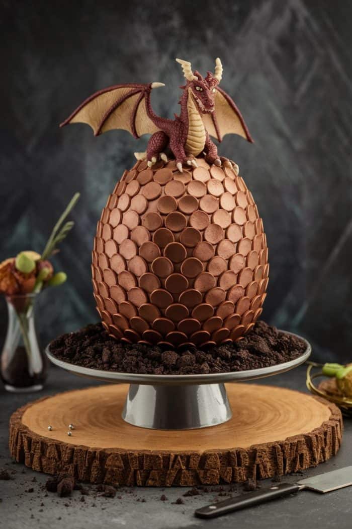 A chocolate cake shaped like a dragon egg, covered in circular scales, sits on a wooden platter. A small dragon figurine perches on top. The cake rests on crumbly chocolate soil. A decorative sprig and fruit are in the background.