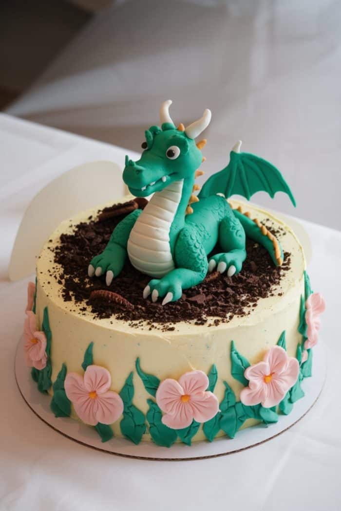 A cake decorated with a green dragon figure on top. The base is covered with white frosting, crumbled chocolate to resemble soil, and adorned with pink flowers made of icing around the sides.