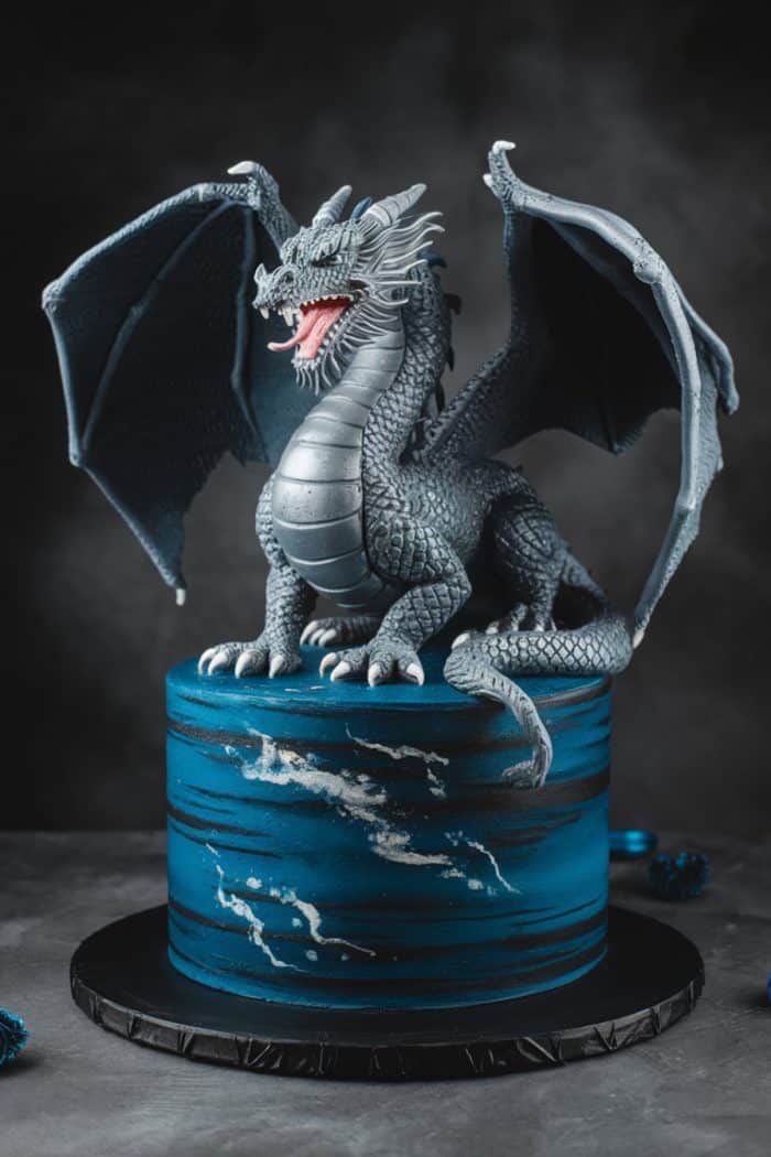 A realistic dragon-themed cake featuring a detailed dragon figure perched on top of a textured blue cake. The dragon has large wings, sharp claws, and an open mouth, creating a fierce and majestic appearance against a dark, smoky background.