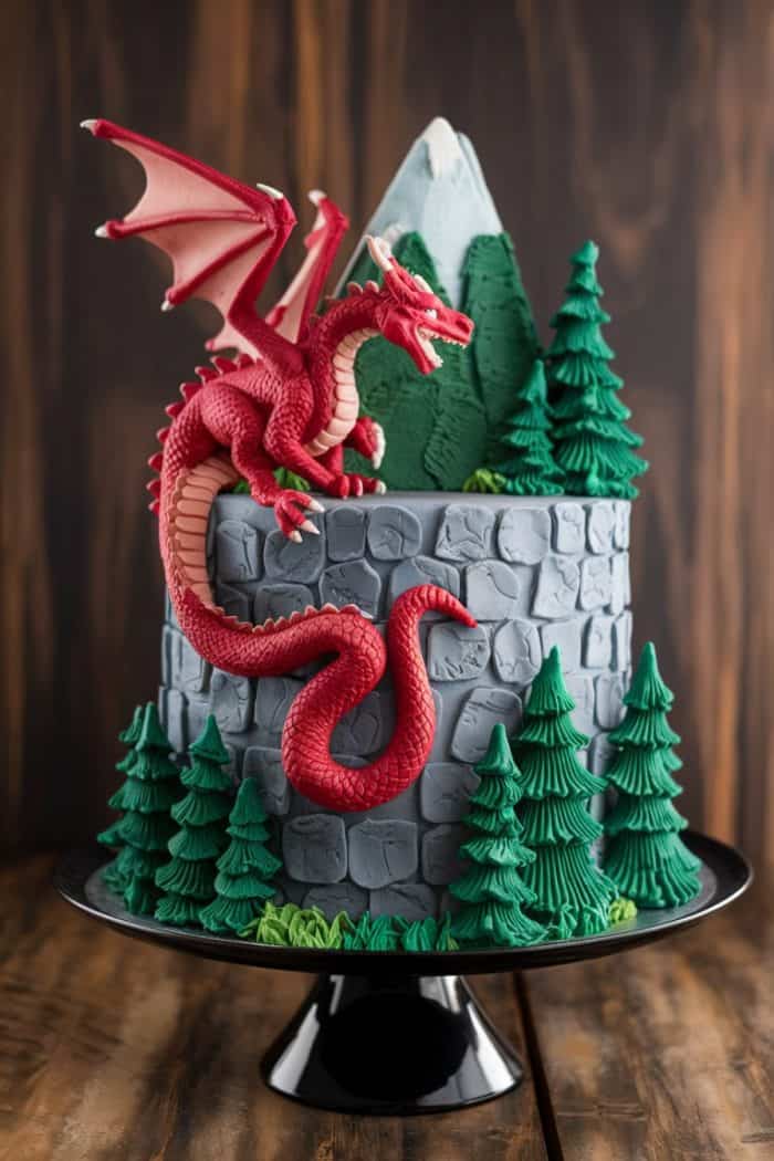 A cake decorated like a stone fortress on a black stand, featuring a detailed red dragon curled around the top. The cake is surrounded by green tree decorations and a mountain peak behind the dragon.