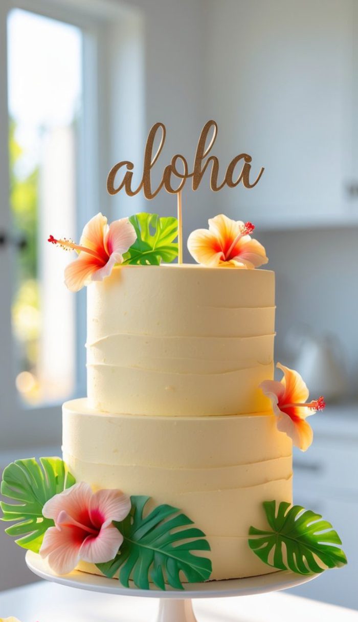 Two-tiered white cake decorated with large tropical leaves, pink and yellow hibiscus flowers, and a wooden "aloha" topper, displayed in a bright, sunlit room.
