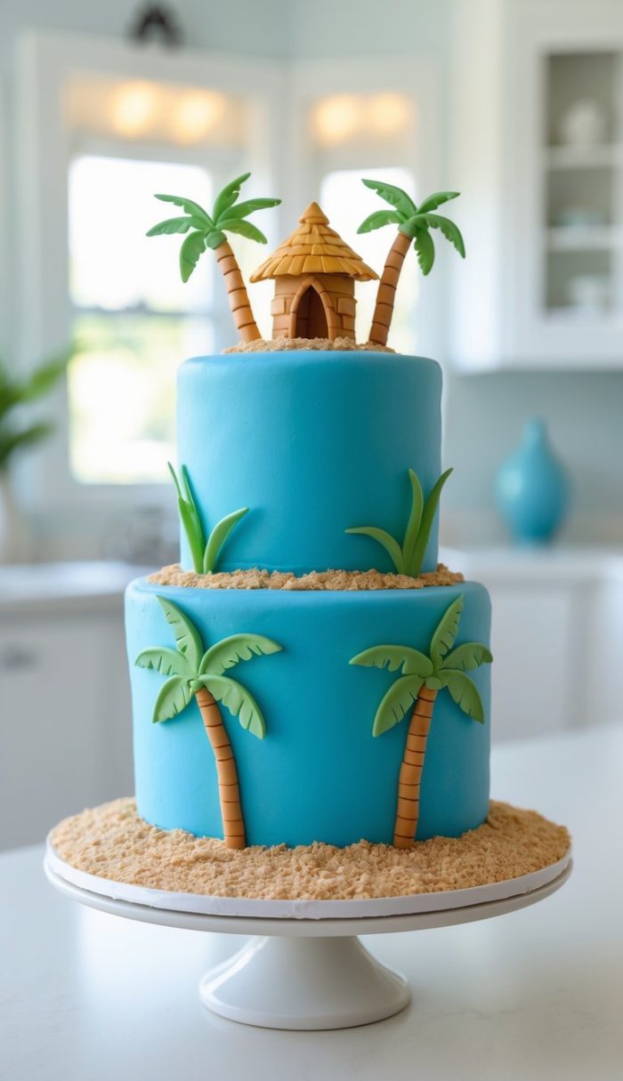 Two-tiered blue cake decorated with fondant palm trees, a small hut on top, and crumbled cookie "sand," resembling a tropical beach scene, displayed in a bright kitchen.