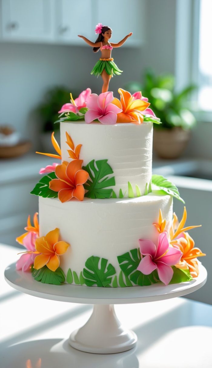 A two-tier white cake decorated with vibrant orange and pink tropical flowers, green leaves, and topped with a hula dancer figurine, set on a white cake stand in a bright kitchen.