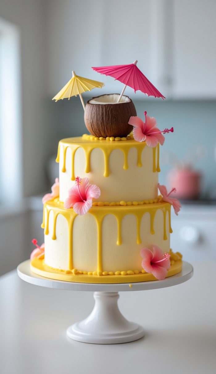 Two-tiered white cake with yellow drip icing, decorated with pink hibiscus flowers, a coconut cup, and colorful cocktail umbrellas, displayed on a white cake stand in a bright kitchen.