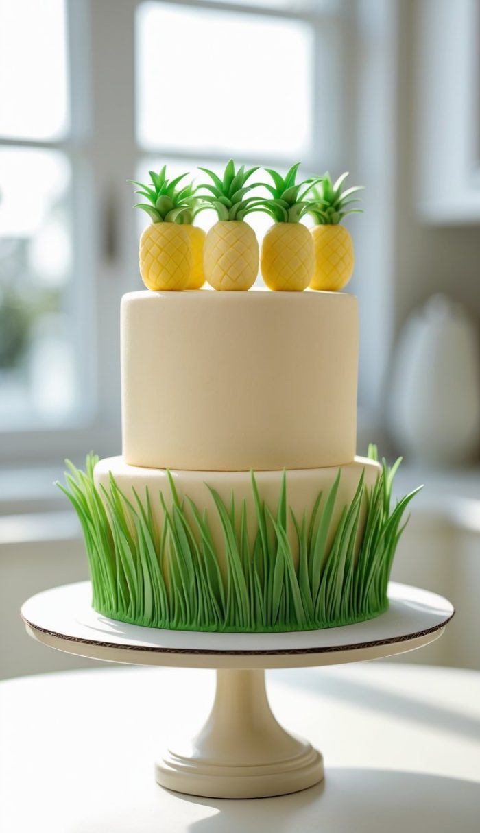 A two-tiered cake decorated with green fondant grass around the bottom tier and five fondant pineapples on top, displayed on a white cake stand in a sunlit kitchen.