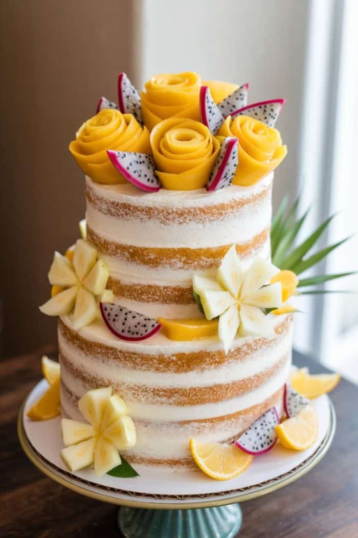Two-tiered naked cake adorned with yellow mango roses, dragon fruit slices, pineapple flowers, and orange wedges. Displayed on a decorative green stand, the cake has a rustic look with minimal frosting.
