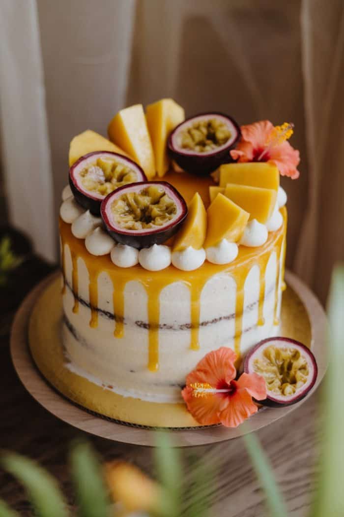 A cake topped with passion fruit halves, mango slices, and orange hibiscus flowers. The cake features white frosting with orange drip icing around the edges, set on a wooden table.
