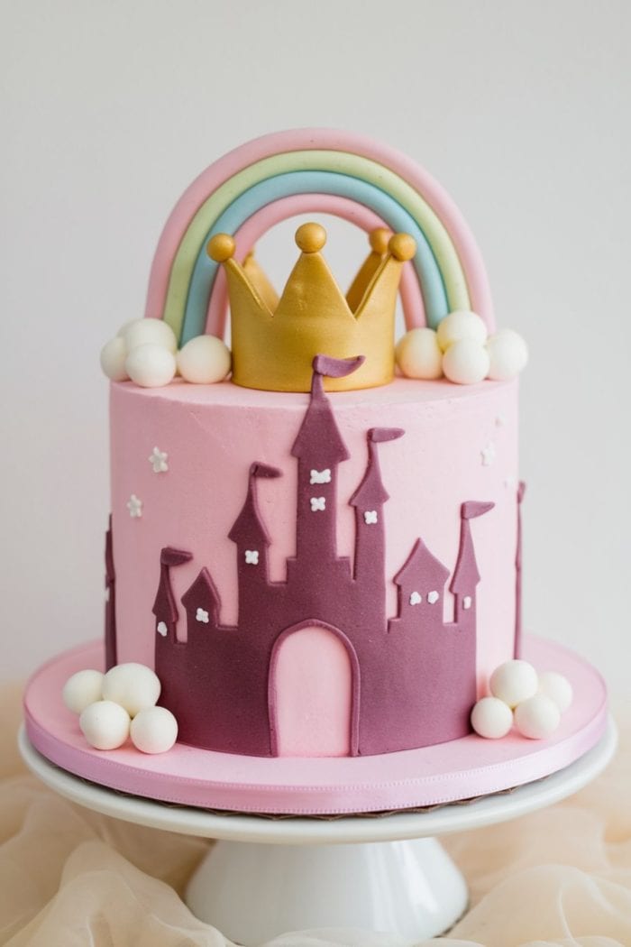 A pink cake decorated with a castle design, a golden crown on top, and a rainbow. Small white edible spheres and stars embellish the cake, which sits on a white cake stand.