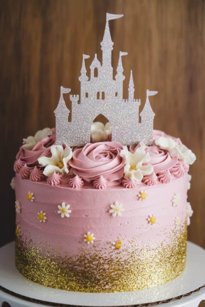 A pink cake decorated with swirls and white flowers, topped with a glittery castle silhouette. The base is accented with gold glitter.