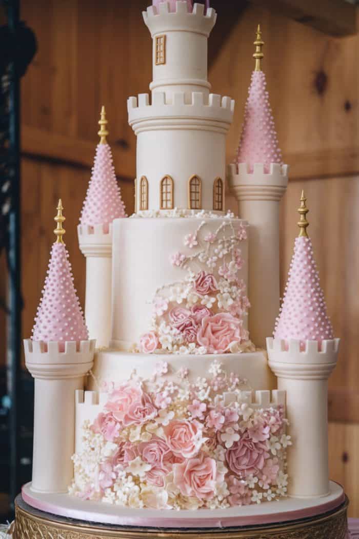 A tall, intricately designed castle cake with pink and white towers, decorated with delicate pink roses and white flowers. The cake features a central tower adorned with ornate details, all set against a wooden backdrop.