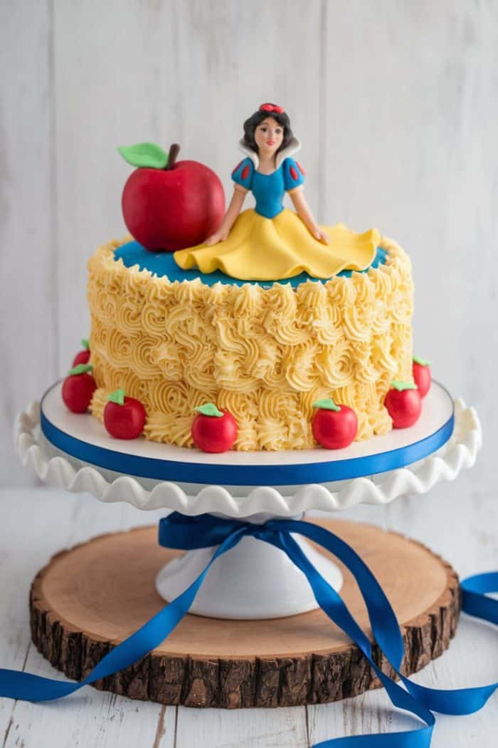 A cake decorated with yellow buttercream swirls and red apple accents sits on a white cake stand. It features a figurine of a girl in a blue and yellow dress. The stand is adorned with a blue ribbon and a wooden slice base.