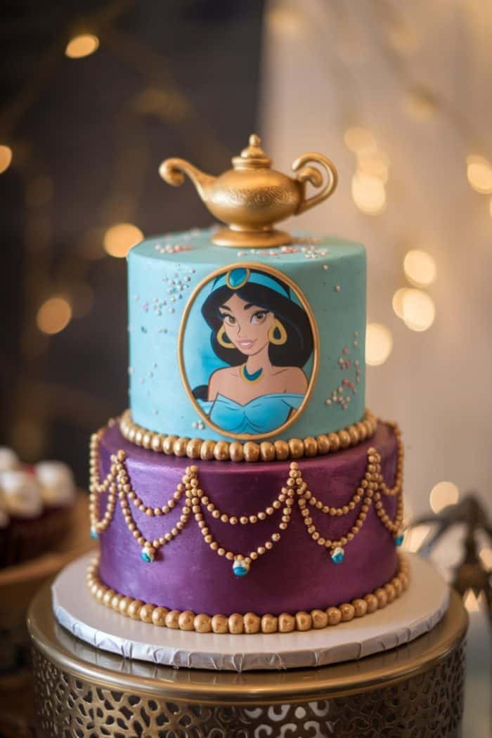 Two-tiered themed cake with a magical genie lamp on top. The top tier is turquoise featuring a princess illustration, while the bottom tier is purple with gold bead decorations. Twinkling lights in the blurred background add a festive touch.