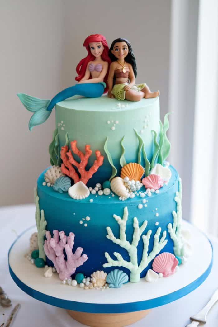 Two-tiered cake decorated with ocean-themed elements, featuring two mermaid figurines on top. The cake is adorned with coral, seashells, and seaweed in shades of blue and green, creating an under-the-sea motif.