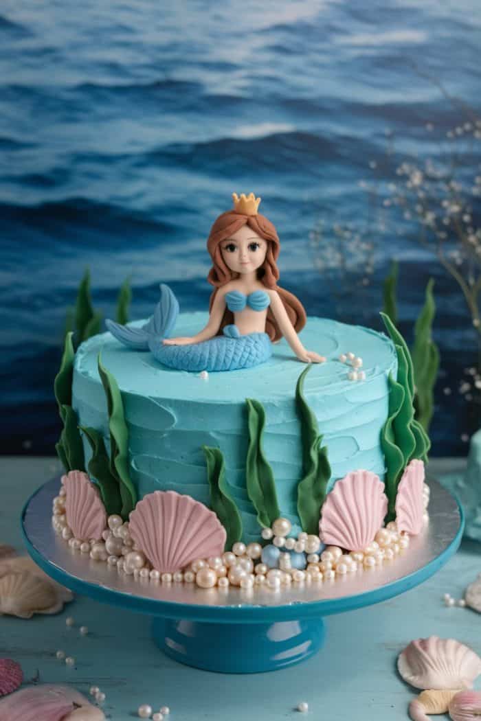 A blue cake decorated with a mermaid figurine on top. The cake features seashells, pearls, and seaweed made from icing. In the background is an ocean scene. The cake is displayed on a glass stand.