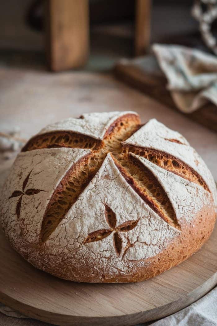 A round loaf of artisan bread sits on a wooden cutting board. The bread has a crusty surface with decorative scoring, including a star pattern and angled cuts. A folded cloth is blurred in the background.