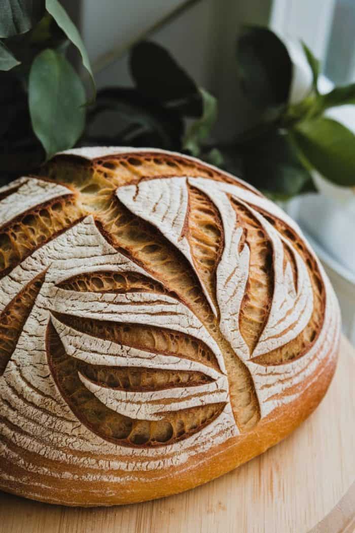 A round loaf of artisan bread with intricate leaf patterns scored on the crust, displayed on a wooden surface near a window with green foliage in the background.