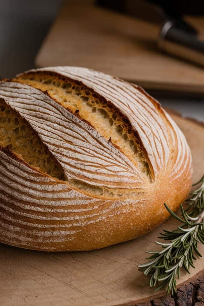 A loaf of artisan bread with a golden crust and intricate slashed patterns sits on a wooden surface. A sprig of rosemary is placed beside it, and a blurred background suggests a kitchen setting.