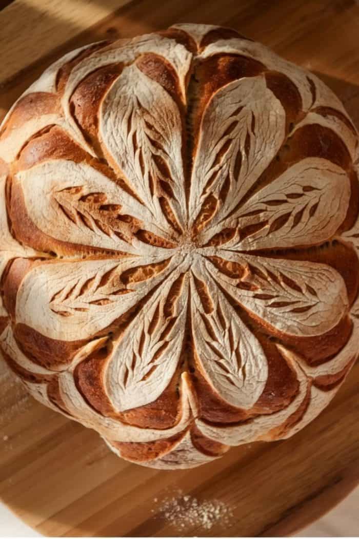 A round loaf of artisan bread with intricate leaf patterns scored into the crust, showcasing a golden-brown color. The bread rests on a wooden surface, highlighting the detailed design and rustic appearance.