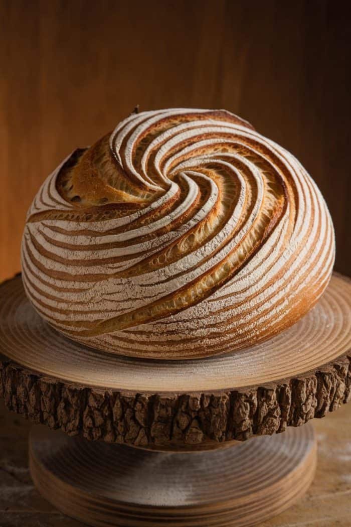 A round loaf of artisanal sourdough bread with intricate, swirling patterns on its crust, dusted with flour. It sits on a rustic, wooden slice against a warm, wooden background.
