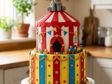 A colorful circus-themed cake with red, yellow, and blue decorations, topped with a fondant elephant wearing a circus hat, sits on a white cake stand in a bright kitchen.