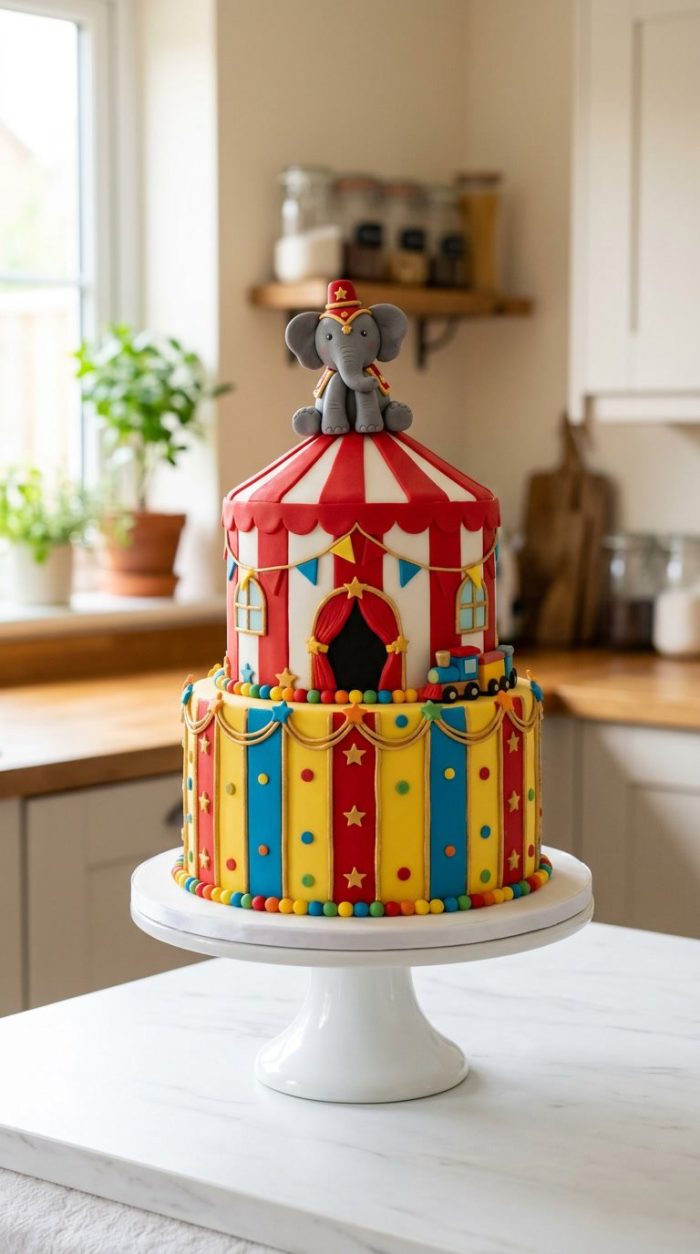 A colorful circus-themed cake with red, yellow, and blue decorations, topped with a fondant elephant wearing a circus hat, sits on a white cake stand in a bright kitchen.