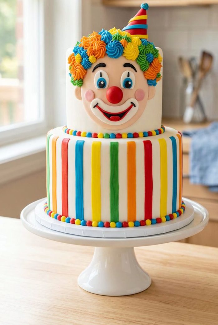 Two-tier clown cake with colorful striped sides, a smiling clown face, rainbow curly hair, and a party hat, sitting on a white cake stand in a bright kitchen.