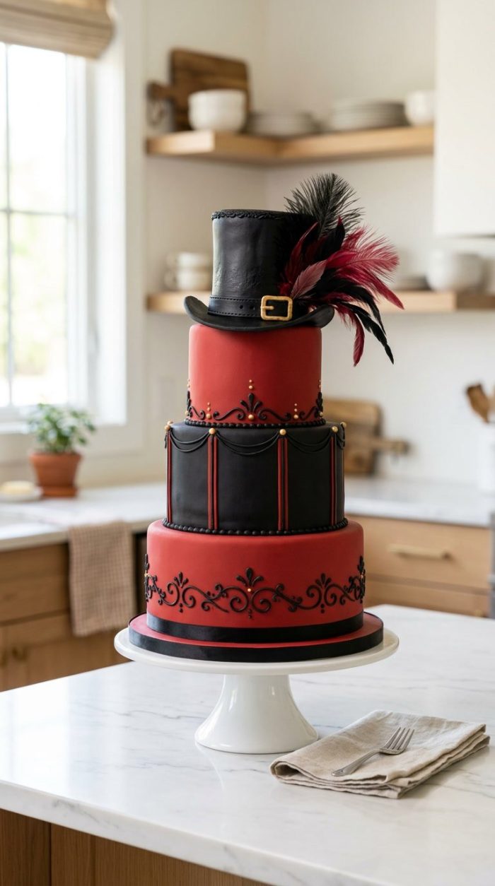 A three-tiered red and black cake decorated with ornate designs and topped with an edible black top hat, gold buckle, and red and black feathers, displayed on a white cake stand in a modern kitchen.