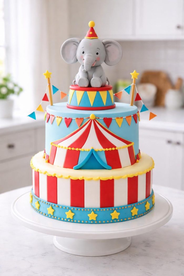 A two-tier circus-themed cake decorated with red, white, and blue patterns, yellow stars, colorful pennants, and topped with a fondant elephant wearing a party hat. The cake sits on a white stand in a bright kitchen.