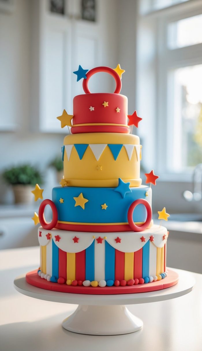A colorful, circus-themed tiered cake decorated with fondant stars, stripes, and ring shapes in red, yellow, and blue, sits on a white cake stand in a bright kitchen.