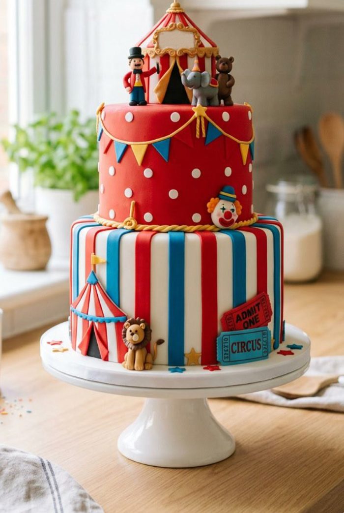 Two-tiered circus-themed cake decorated with red, white, and blue stripes, polka dots, clown and lion figures, circus tent toppers, and edible circus tickets, displayed on a white cake stand.