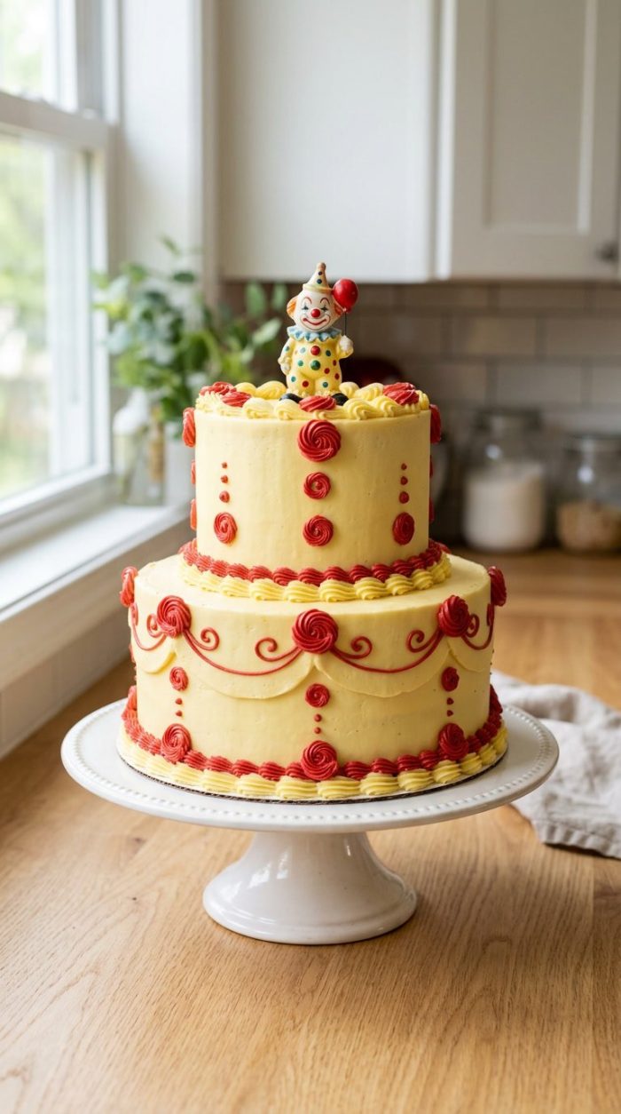 Two-tiered yellow cake with red and yellow icing decorations, topped with a small clown figurine, displayed on a white cake stand in a bright kitchen.