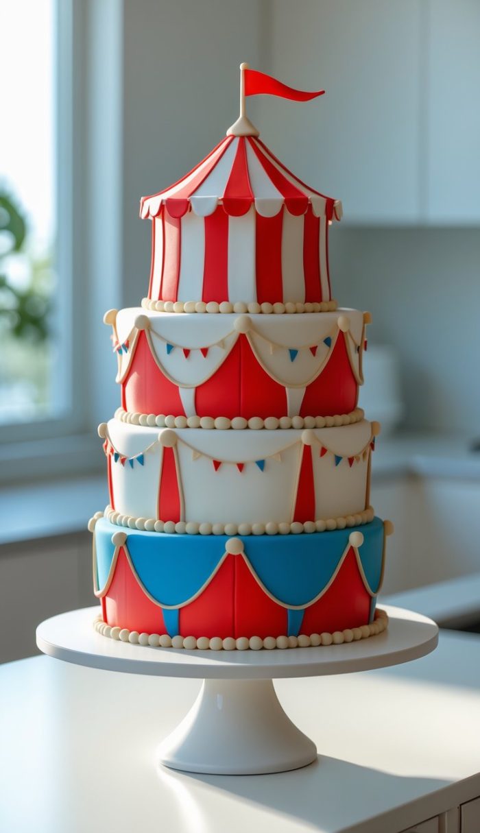 Three-tiered circus-themed cake decorated with red, white, and blue fondant, designed to resemble a circus tent with banners and a red flag on top, displayed on a white cake stand in a bright kitchen.