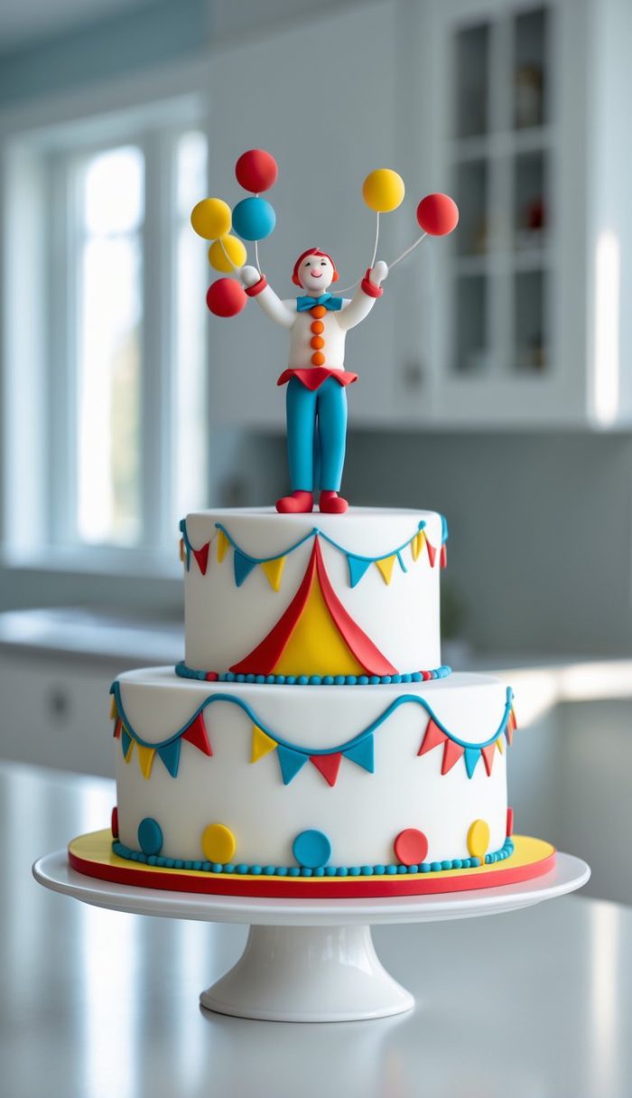 A two-tiered circus-themed cake decorated with colorful bunting and dots, topped with a fondant clown figure holding balloons, displayed on a white cake stand in a bright kitchen.